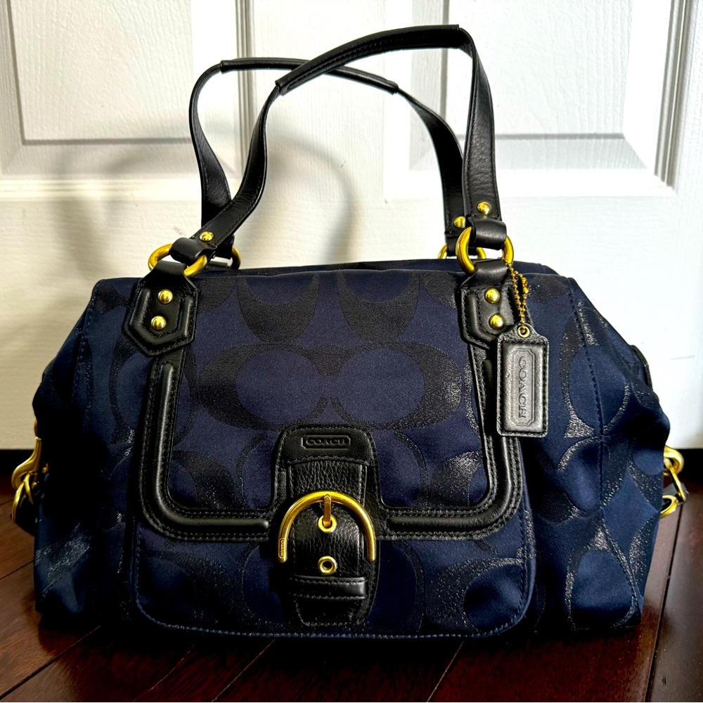 Vintage Coach Black/Navy Metallic Large Front Flap Carryall Satchel Purse